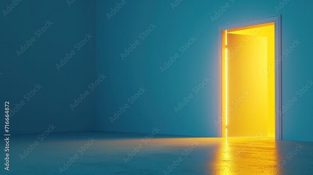 3d render, yellow light going through the open door isolated on blue background. Architectural design element. Modern minimal concept. Opportunity metaphor   