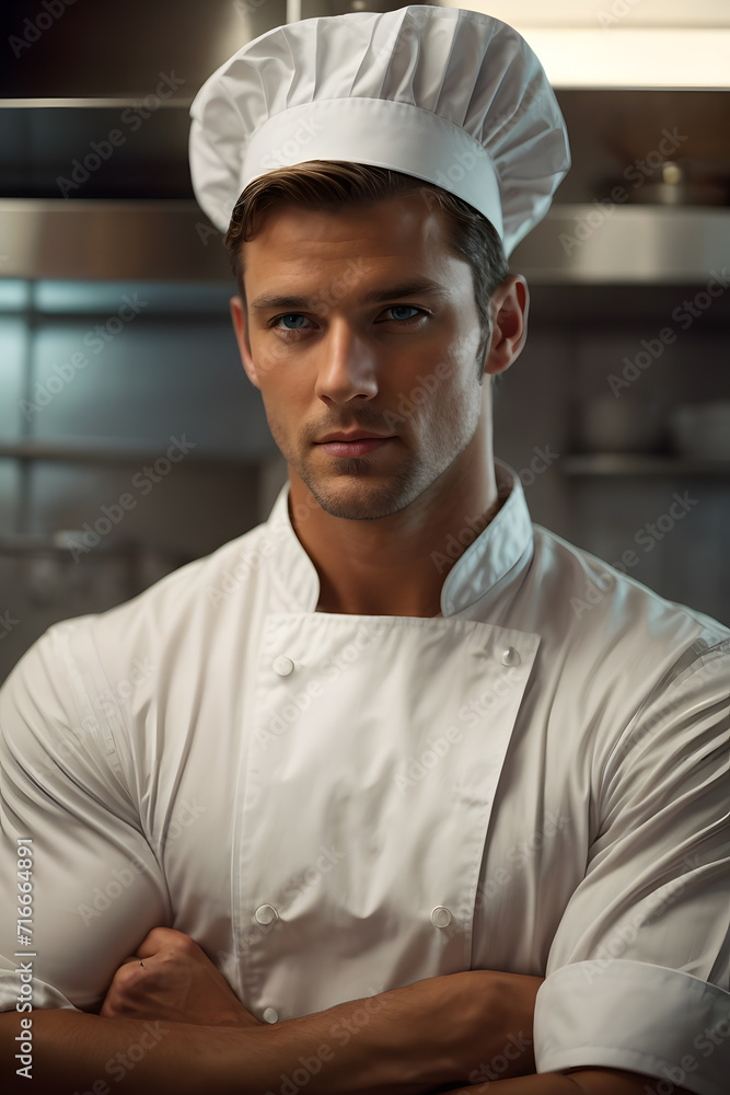 Man in Chefs Hat Standing in Kitchen, Professional Cook in Action. Generative AI. Man in Chefs Hat Standing in Kitchen, Professional Cook in Action. Generative AI.