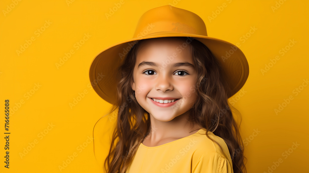 A happy young girl smiling at the camera with yellow fedora hat and yellow top on a yellow background. The concept of a birthday party or summer vacation. Summer concept. A happy young girl smiling at the camera with yellow fedora hat and yellow top on a yellow background. The concept of a birthday party or summer vacation. Summer concept.