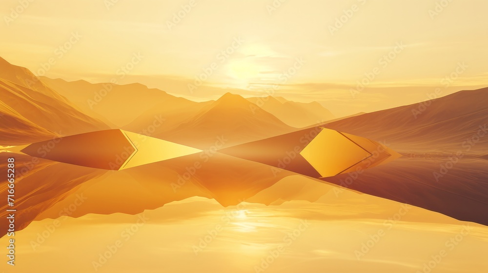 3d render. Abstract minimalist background of fantastic sunset landscape, golden triangular flat mirrors, hills and reflection. Surreal aesthetic wallpaper    