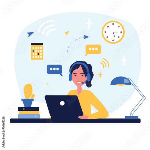 Young smiling woman with headphones and a microphone with a laptop.Concept illustration for customer service, assistance, call center. Online customer support and helpdesk. Cartoon illustration