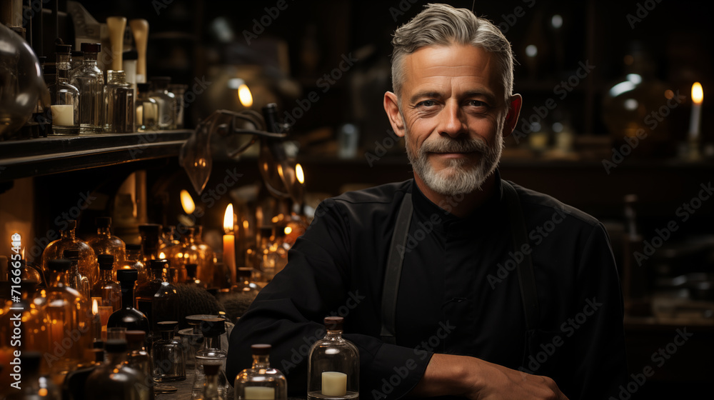 A perfumer creates a new scent in his workshop. AI generated A perfumer creates a new scent in his workshop. AI generated
