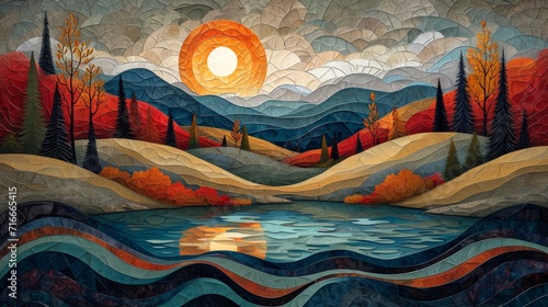 Landscape art, pop art deco, colorful painting with hills and lakes.