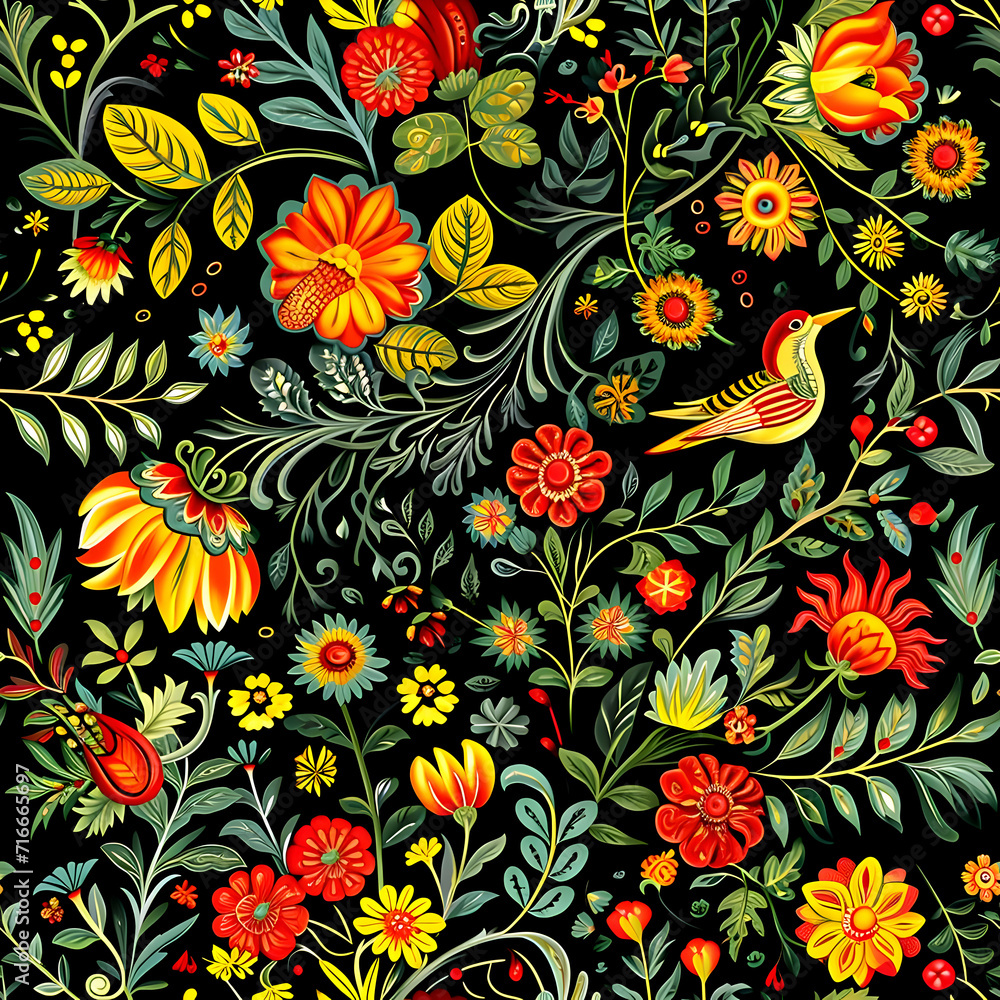 Dark mystery forest on a black background in Russian style. Seamless pattern. Yellow red flowers with green leaves and bird. High quality Dark mystery forest on a black background in Russian style. Seamless pattern. Yellow red flowers with green leaves and bird. High quality