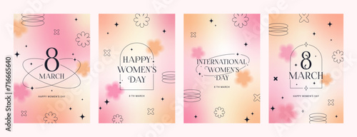 8 March. International Women's Day banner, set greeting card. Trendy gradients, blurry shapes, typography, y2k, linear forms. Minimalist vector design for party, ads, cover, social media templates.