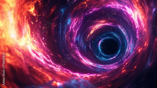 3d render. Abstract neon background. Black hole at the center of the vortex. Particles leave luminous traces. Fantastic wallpaper 