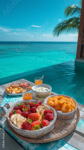 A bowl of fruit and a resort breakfast spread on a table with ocean view. 