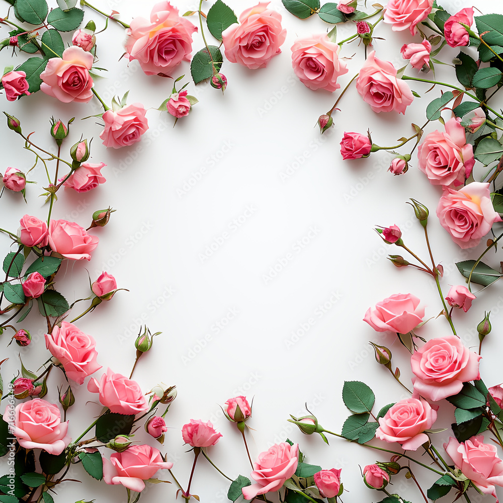 Floral roses flowers and leaves form up a shape of circle frame and empty copy space at center. Floral frame mockup. Blank copy space background
Floral roses flowers and leaves form up a shape of circle frame and empty copy space at center. Floral frame mockup. Blank copy space background