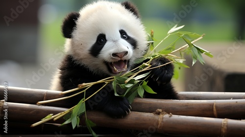Adorable panda bear happily munching on fresh bamboo stalks in a lush green forest