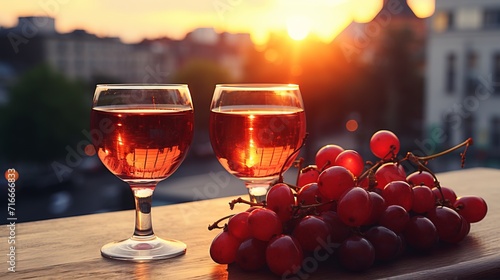 Outdoor summer sunset setting with two glasses of red wine and a wooden plate of fresh, juicy grapes