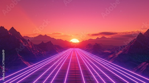 3d render. Aesthetic minimalist wallpaper. Abstract fantastic neon background. Night scenery of glowing speed lines flowing in front of the mountains under the sunset sky    © Emil