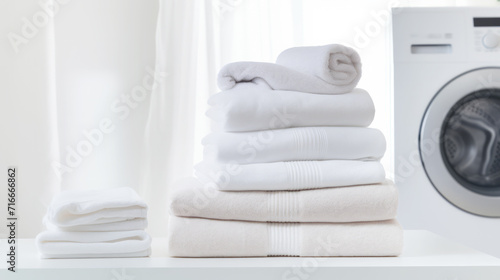 Stack of clothes in front of a washing machine in the laundry room. Clean concept