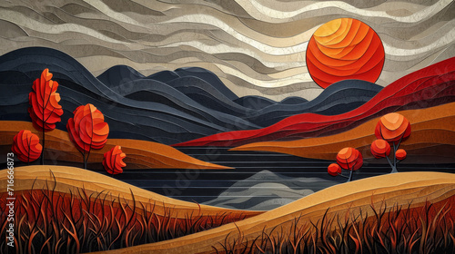 Landscape art, pop art deco, colorful painting with hills and lakes.