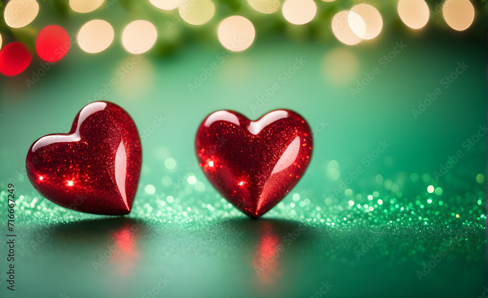 Two small red heart on a sparkling soft green background, Valentine's Day, Christmas. Generative AI