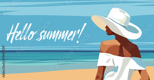  Summer holidays. Horizontal vector flat banner with place for text. Hello summer. Tourism. Woman on vacation in a white dress, swimsuit and hat on the beach. Woman back view