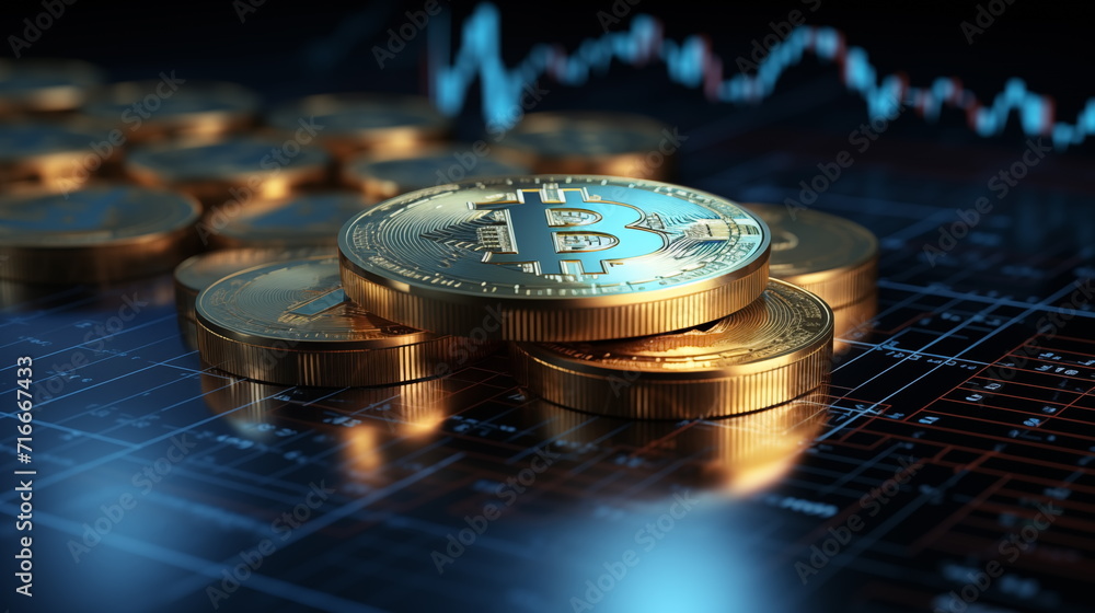 3D gold Bitcoin on price candlestick chart background. Dark trading ...