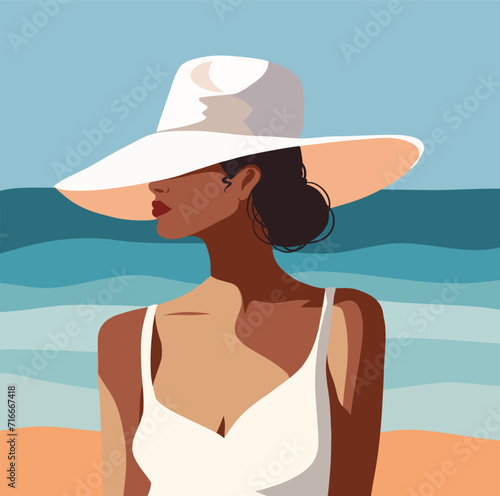 Vector illustration concept tourism, vacation. Beautiful woman on vacation in a hat against the backdrop of the ocean sea. Woman tourist in a white dress in the tropics