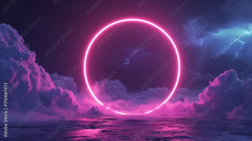 3d rendering, abstract futuristic geometric background with neon ring and stormy cloud over night sky. Round frame with copy space   