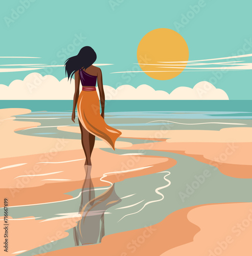Vector illustration summer holidays vacation. A woman on vacation, in a swimsuit, walks along the beach. Woman back view. Sea, sky, beach, tanned girl