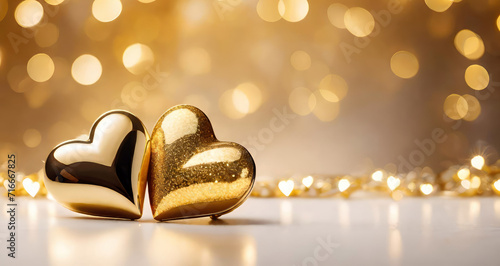 Two golden hearts on a blurred gold shiny bokeh background. Valentine's Day,Love wedding concept banner copy space.Generative AI 
