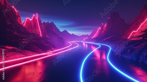 3d rendering. Aesthetic minimalist wallpaper. Surreal landscape: rocky mountains and neon dynamic lines in motion. Flowing energy concept. Glowing trajectory path. Abstract futuristic background 