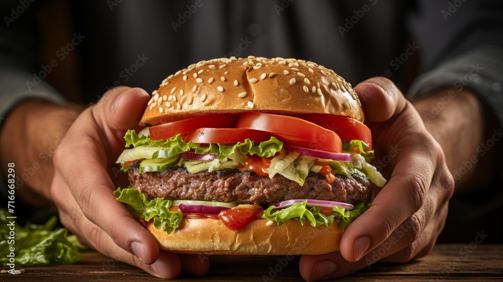 Close up of hands holding a mouthwatering and irresistible burger, ready to be devoured