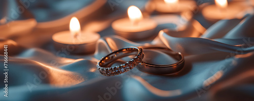 Two intertwined wedding rings resting on a bed of satin with soft candlelight creating a romantic ambiance. © thisisforyou