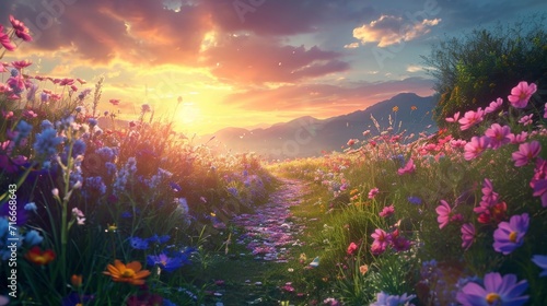 Colorful landscape with path, flowers and rivers. A romantic place to relax.