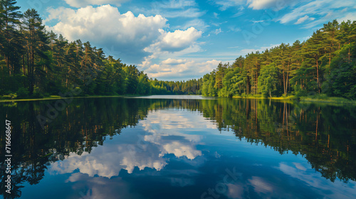 A serene lake surrounded by dense forest reflecting the sky.