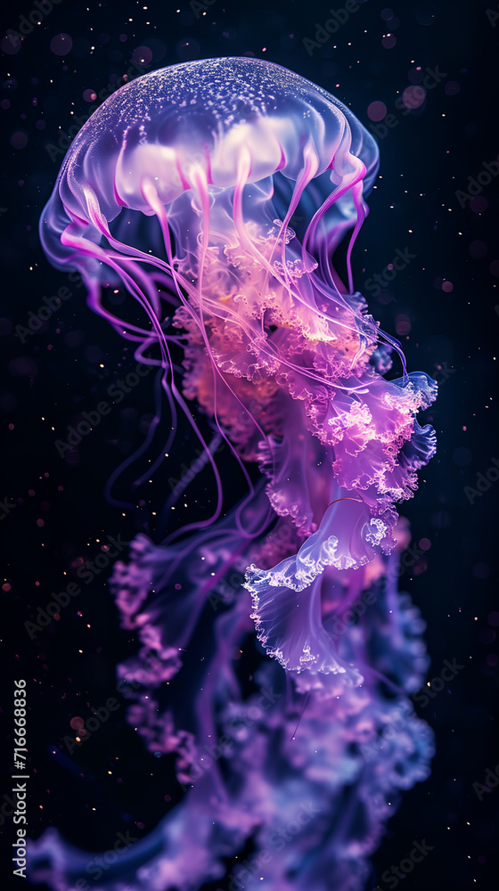 Fluorescent purple glow jellyfish swims gracefully underwater Fluorescent purple glow jellyfish swims gracefully underwater