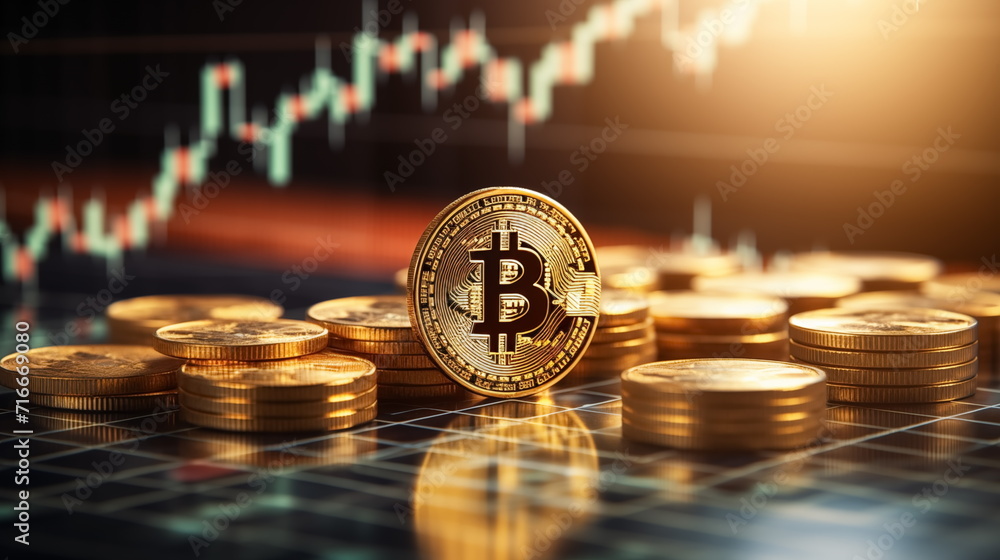 3D gold Bitcoin on price candlestick chart background. Dark trading chart Background. Crytocurrency chart. Generated AI. 3D gold Bitcoin on price candlestick chart background. Dark trading chart Background. Crytocurrency chart. Generated AI.