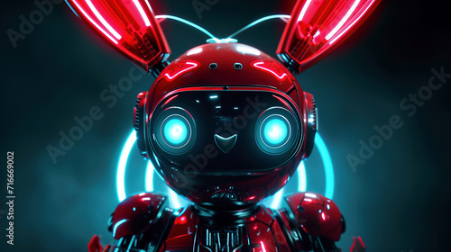 Robot rabbit in red color and glowing eyes with copy space. Android hare. Easter concept