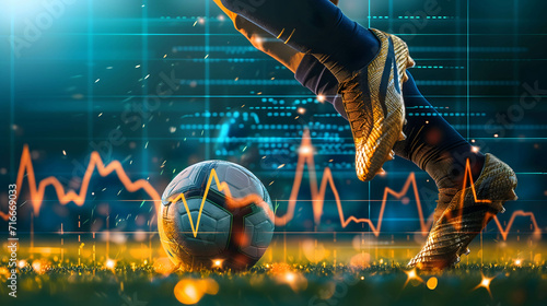 close up foot of a soccer player kicking a ball, stock chart background, investing or trading in stock or currency market background concept photo