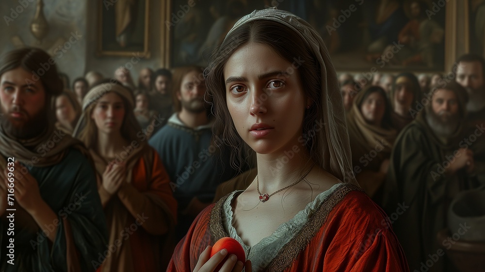 Saint Mary Magdalene holds a red egg in the palace at the reception of Emperor Tiberius, Christ has risen, by the power of his faith in God, in Jesus Christ, changing the color of the egg to red. Saint Mary Magdalene holds a red egg in the palace at the reception of Emperor Tiberius, Christ has risen, by the power of his faith in God, in Jesus Christ, changing the color of the egg to red.