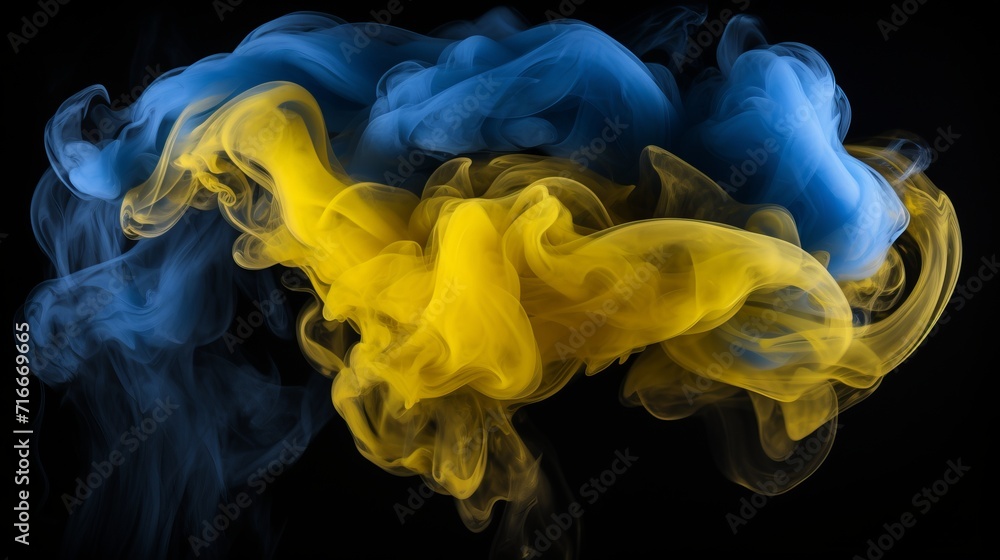 Fototapeta premium Abstract yellow blue smoke on black background with swirling steam, ukraine flag concept