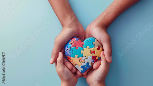 World autism awareness day concept. Adult and child hands holding puzzle heart on light blue background.