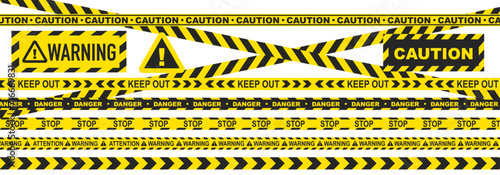 For prohibited and dangerous areas. Yellow and black ribbons. Vector set of tapes.
