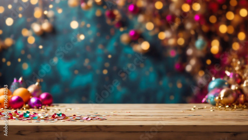The background of an empty and festive table for the installation and demonstration of goods. Blurred background of the wall with festive decorations.