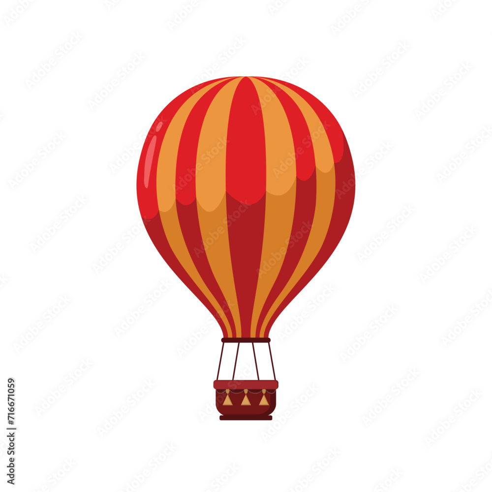 Naklejka premium Vector illustration in flat style. Hot air balloon with red and white stripes. Summer journey by air transport. Isolated on white background