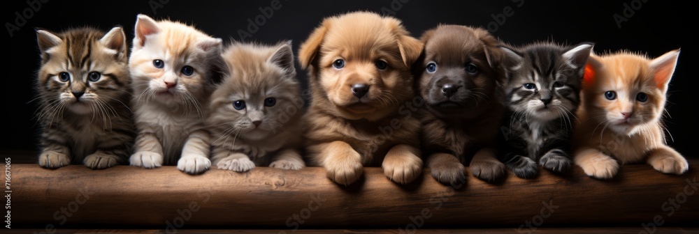 Cute pets puppies and kittens in a row behind a wooden plank