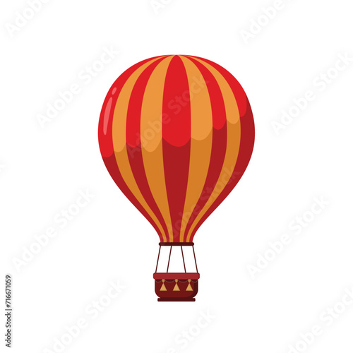 Vector illustration in flat style. Hot air balloon with red and white stripes. Summer journey by air transport. Isolated on white background
