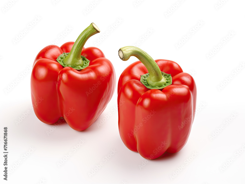 Vibrant red bell peppers, isolated on white: a burst of flavor, perfect for salads, embodying freshness and culinary allure Vibrant red bell peppers, isolated on white: a burst of flavor, perfect for salads, embodying freshness and culinary allure