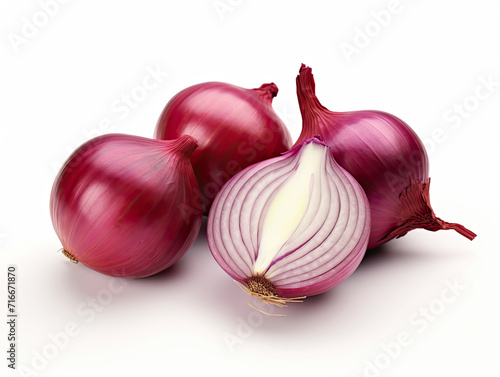 Vibrant red onions, solo on a white canvas, burst with savory allure, elevating dishes with their bold, flavorful essence