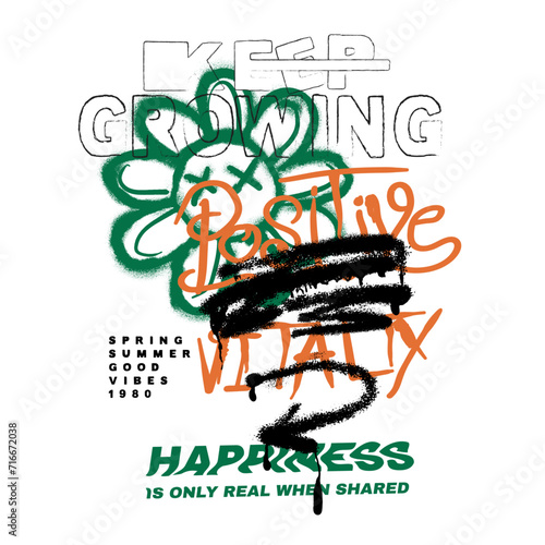 Graffiti text print, graffiti brush effects, flowers graffiti prints, spring summer good vibes slogan text print, text word - vector