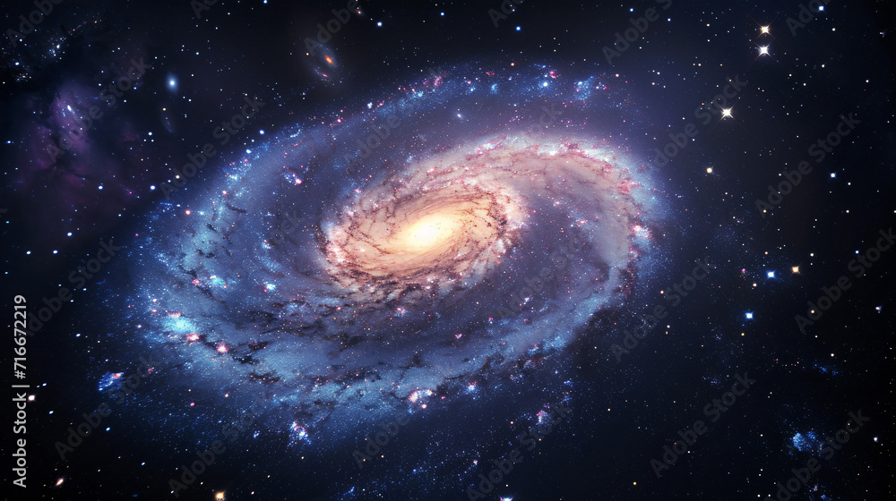 A spiral galaxy swirling majestically through space illuminated by billions of stars with vibrant hues of blue and purple.