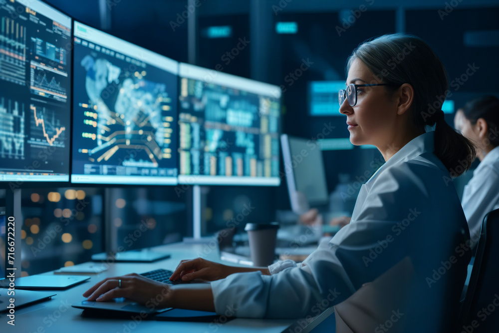 Fototapeta premium Monitoring room with female data scientist analysing data on screens