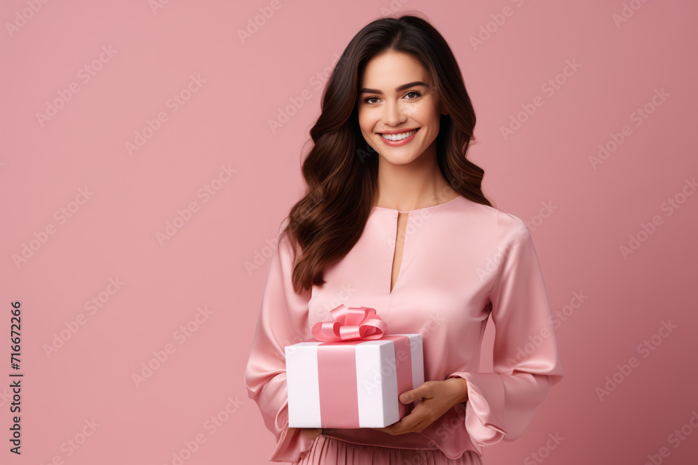 Happy smiling beautiful woman wearing elegant dress holding gift box over pink background