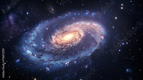 A spiral galaxy swirling majestically through space illuminated by billions of stars with vibrant hues of blue and purple. © karl