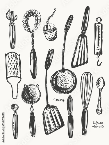 Hand drawn kitchen utensils set, ink sketch