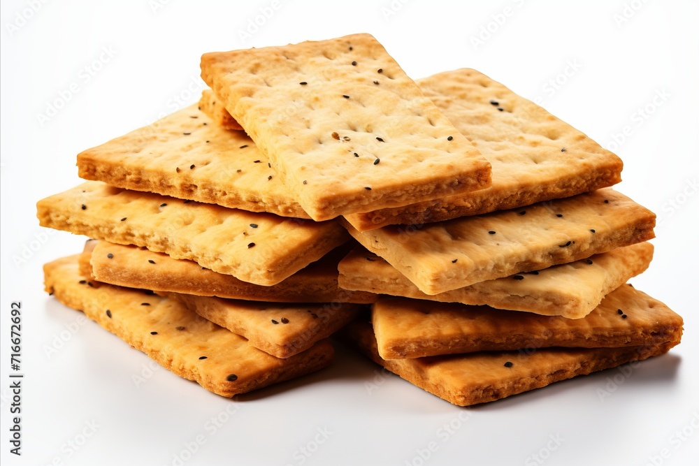 Assorted crispy crackers isolated on a white background for versatile snack concept. Assorted crispy crackers isolated on a white background for versatile snack concept.